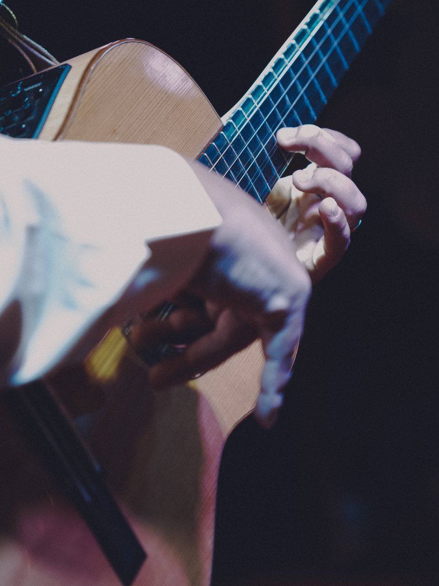 Detalhe das mãos tocando viola caipira sob as luzes do palco